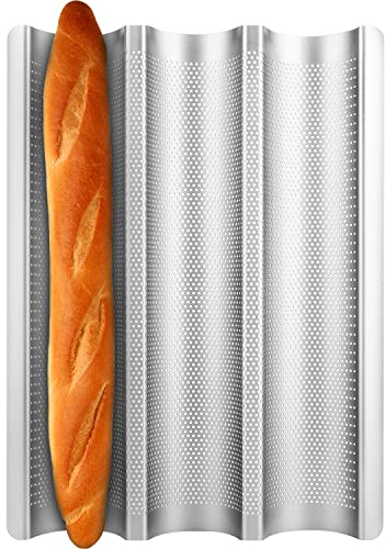 Fulimax Moule à baguette, moule à pain français pour plaque de cuisson, antiadhésif, 3 emplacements perforés italiens, moule à pain long, argenté