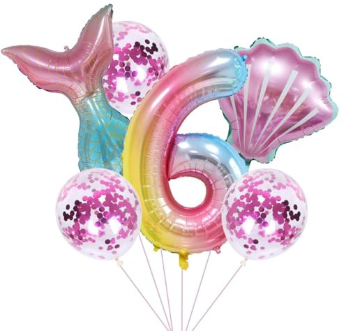 Meerjungfrau Geburtstag Party Dekoration Set 6 Jahre Mädchen - Bunt XXL Zahl 6 Ballon, FolienBallon, LatexBallons - Kinder Geburtstag Deko