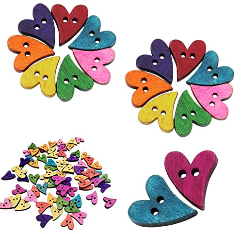 PXRLMYF 100 Pcs Boutons en Bois Multicolores en Forme de Cœur, 2 Trous, pour Craft, Scrapbooking, Accessoires Décoratifs