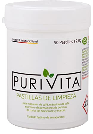 PURIVITA - Pastillas Limpia Cafetera - cápsulas y normales como Senseo, Siemens, Tassimo, Nespresso,etc. – 50 pastillas de 2g cada una - Pastillas Limpieza Cafetera - producto alemán