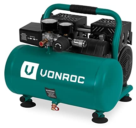 VONROC Compresseur d'air silencieux - 750W – 1HP- 128 l/min. - Sans huile - Réservoir 6L - 8 bar - 57,5dB(A) - Silencieux - Vert