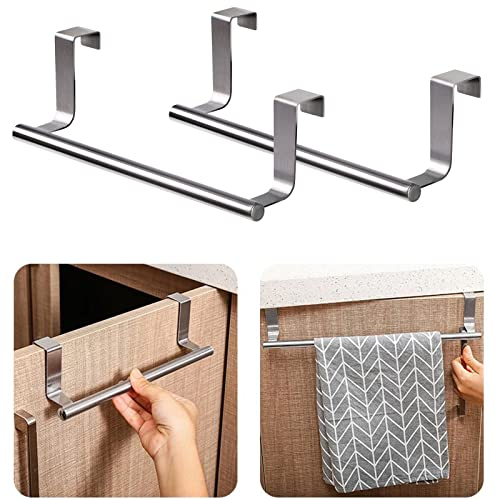 Handtuchhalter Küchenschrank, Geschirrtuch Halterung Küche, Geschirrtuchhalter aus Gebürstetem Edelstahl, Einfach über Küchen- & Schranktür Einzuhängen, Ohne Bohren, Rostbeständigem, Silber, 2 Stück