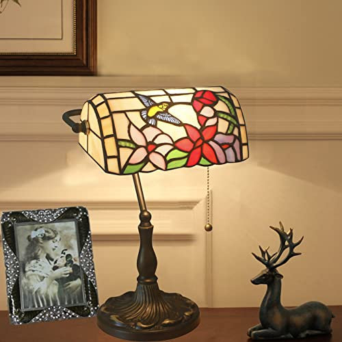 AIBOTY Kolibris Lampe, Banker Lampe, Tiffany Lampe, Buntglaslampe, Vintage Büro Schreibtischlampe, Rot Rosa Blume Lampe, Mädchen Liebhaber Frau Schlafzimmer Nachttisch Lesen Klavier Studie Lampe,10in