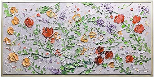 Ölbilder Auf Leinwand Handgemalt, Moderne Abstrakte Rote Textur Rose Blume Blätter Zweige Artwork Rahmenlose Handgemalte Ölgemälde Auf Leinwand Wandkunst Für Wohnzimmer Schlafzimmer Büro Home