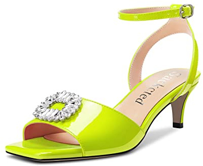 Saekcted Mujer Medio Heel Abierta Punta Sandalias Correa Tobillo Diamante Cristal Fiesta Cute Zapatos Verde Lima 42 EU
