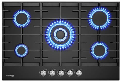 GASLAND GH2805BG1FC Table de cuisson à gaz 5 feux, avec brûleur wok, encastrable, 76cm noir, cuisinière à gaz en verre, 10.4KW, GPL/NG