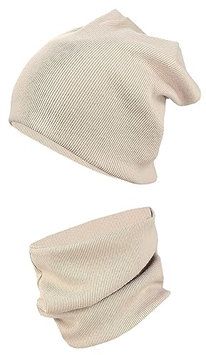 TupTam Mütze und Schal Kinder Set – Weiches Schal Mütze Set Kinder für Herbst und Winter, Farbe: Rippstoff Beige, Größe: 52-56