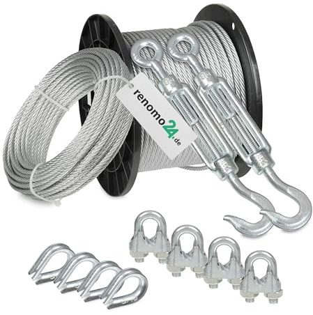 Renomo24 Drahtseil Set 4 - Stahlseil 5m 5mm 6x7 verzinkt, 2x Spannschloss Haken/Öse, 4x Bügelklemmen, 4x Kauschen