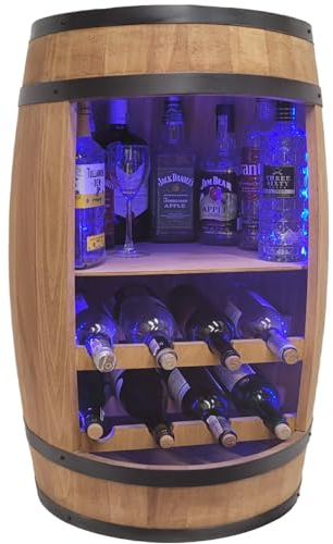 weeco Deko Fass Bar Weinregal aus Holz + RGB LED Beleuchtung, 80x50cm Möbel zur Aufbewahrung von Alkoholflaschen, Schrank für Alkohol, Schrank für Wein, Barschrank, Wohnzimmerbar, Holzfass