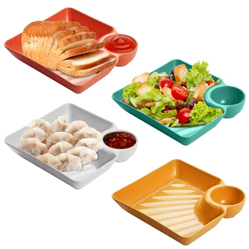 HOMURY 4 Stück Snackteller mit Fächern, Snackschale und Dipschalen, Pommes Frites Teller, Wiederverwendbar Dip Schalen Set für Süßigkeiten Snacks Nüsse Desserts (18.3 x 18.3 x 4 cm)