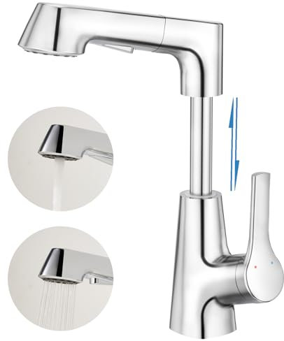 Aktines Waschtischarmatur für Badezimmer auf und ab schiebbar, Hochdruck Badarmatur Einhebelmischer Armatur Wasserhahn für Waschbecken Bad, Poliert Verchromt