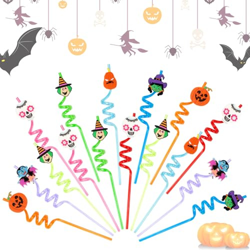 Cocktail Strohhalme Trinkhalme Plastik Dicke Plastikstrohhalme mit Knick 16 Stück Trinkröhrchen Nur Wiederverwendbar Straws Halloween Party Deko Strohalme Kunststoff für Kinder Erwachsene (Halloween)