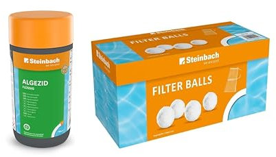Steinbach | Poolpflege Set Algezid + Filterbälle | flüssig, 1 l | mit 700g Filterbälle | ideal zur Reinigung des Pools | Poolwasser sauber und kristallklar