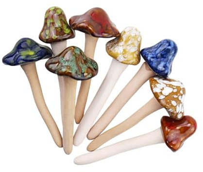 FUNOMOCYA 8 Stück Deko Pilz aus Keramik als Gartenpilz und Gartenornament Liebevolle Pilzdekor Pflanzenstecker für Topfpflanzen und Gartendekoration
