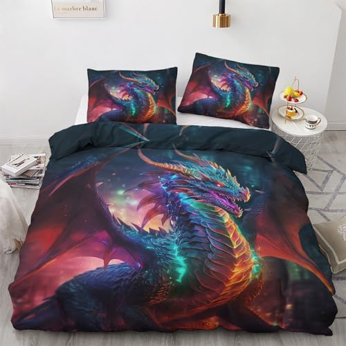 NIYAKA Drachen Bettwäsche 135x200 - Fantasie Bettbezug 2er Set mit 1 Kissenbezug 80x80 cm, Weich & Warme & Angenehm Mikrofaser Bettwäsche-Sets mit Reißverschluss