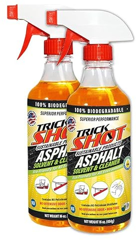 Trick Shot Asphalt Solvent and Cleaner - USDA Biobased Industrial Degreaser for Paving Equipment & Tools, Heavy Duty Formula, Food Grade Tar Remover & Bitumen Remover, Made in USA - 16 Fl Oz 2-Pack