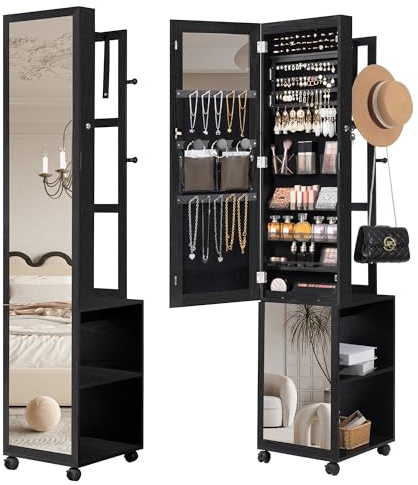 Hzuaneri Armario Joyero 8 LEDs, Organizador de pie para joyas con 1 perchero, Espejo de cuerpo entero con cerradura y 4 ruedas, Estantes de almacenamiento de 3 niveles, Negro JC17004B