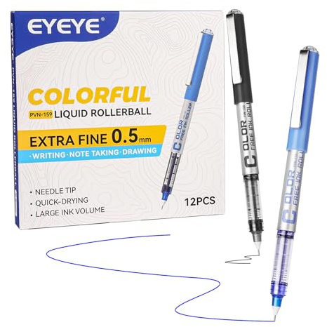 EYEYE Bolígrafos de punta redonda de 0,5 mm, 6 negros, 6 azules, Paquete de 12 Uds, punta de aguja extrafina, bolígrafos de tinta líquida, punta fina, bolígrafo de escritura