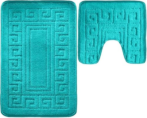Pro Home Bath Mat Sets 2 Piece Washable 50x80cm – Non-Slip Toilet Mat and Pedestal Mat with Greek Pattern – Soft, Quick-Dry, Absorbent, Machine Washable, Ideal for Daily Use. (Teal)
