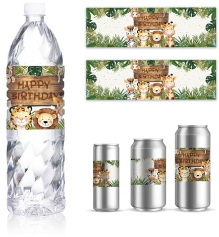 GOMAKERER 30 Bogen Wasserflaschenetiketten Mit Safari Motiv Aufkleber Mit Tiger Löwen Und Giraffenmotiv Für Wasserflaschen Personalisierte Etiketten Für Trinkwasserflaschen Geburtstagspartys 216x64mm