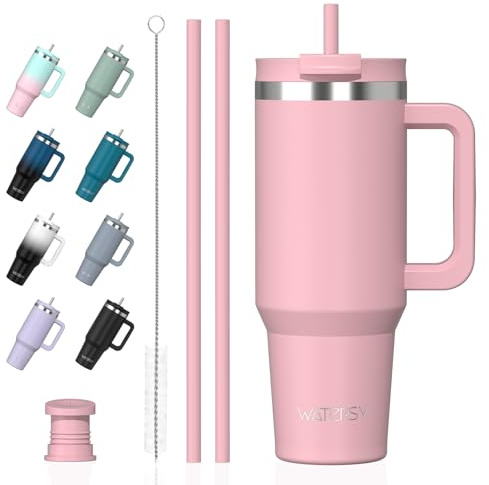 WATERSY 1182ml Vaso Termico con Asa y 2 Pajita, Vaso Termo Acero Inoxidable, 40oz Termo Café Rosa Termica Doble Pared para Frío y Caliente, Travel Mug para Gimnasio, Oficina, Viaje