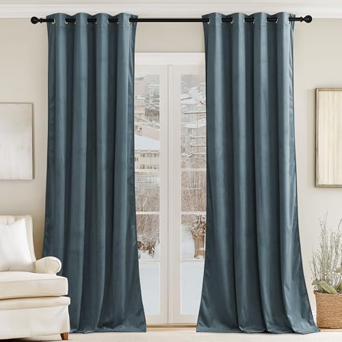 PONY DANCE Slate Blue Velvet Curtains 52x90 Inches - Eyelet Top Thermal Insulated Soundproof Blue Blackout Velvet Curtains for Living Room/Bedroom/Patio Door, Luxury Blackout Panels Set of 2