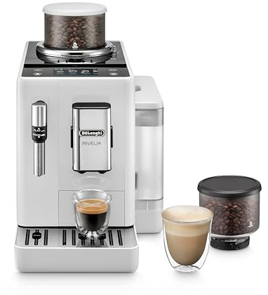 De'Longhi Rivelia EXAM440.35.W - Macchina da caffè automatica con ugello montalatte, contenitore per fagioli intercambiabile, 8 bevande caffè premendo un pulsante, funzione extra shot, display touch