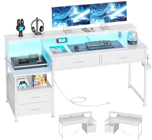 CAIYUN Computerschreibtisch mit 4 Schubladen & integrierten Steckdosen - Reversibler Schreibtisch für Home-Office, Gaming-Tisch mit Monitor- & Druckeraufsatz, LED-Licht fürs Schlafzimmer (Weiß)