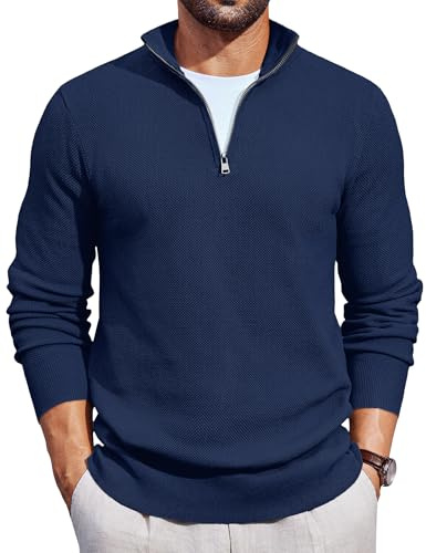 COOFANDY Herren Zip Pullover Rollkragenpullover Strickpullover mit ReißVerschluss Pullover Business Rollkragen Sweater Navy Blau XL