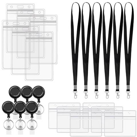 Ausweishülle mit Band Set, 12 Stück Transparente Kartenhüllen Horizontal & Vertikal, Mit Lanyard und Einziehbarem Schlüsselanhänger, PVC Ausweishalter für Büro, Schule, Arbeit & Veranstaltungen
