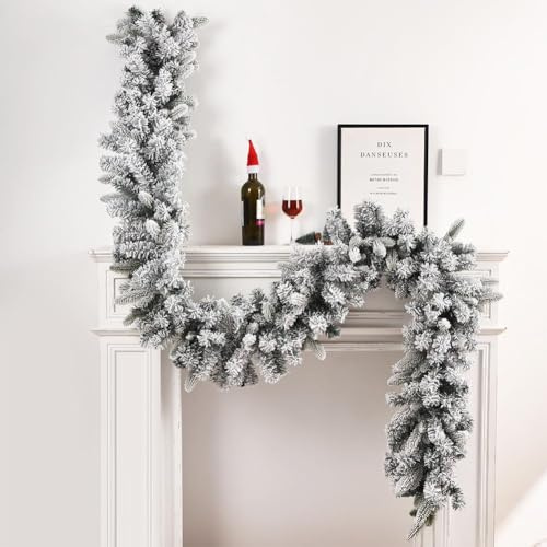 2,7 m schneebeflockte Weihnachtsgirlande, künstlicher Schnee beflockte Weihnachtsdekorationen, weißer Winter Frosted Holiday Pine Wreath, Kamin Weihnachten Tischdekorationen (weiß)