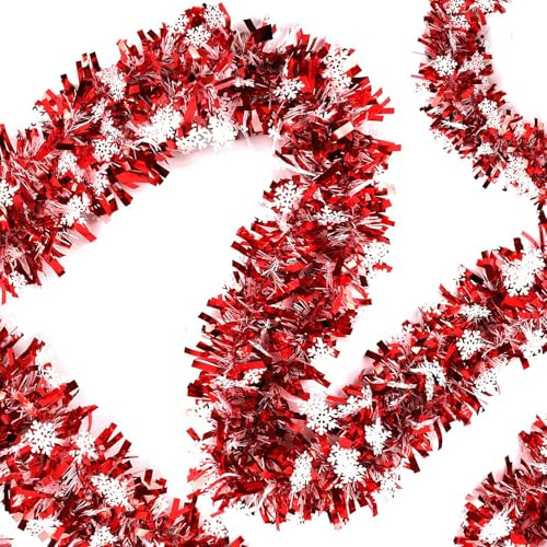 VEYLIN Weihnachtsgirlande 10m Rot-Weiß mit Schneeflocken | Girlande mit Breiten & Schmalen Blättern für Baum, Treppen, Fenster