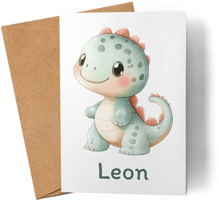 Kiddle-Design Personalisierte Karte mit Namen für Kinder, Faltkarte Glückwunschkarte Dino zur Geburt, Taufe, Einschulung oder Geburtstag – Klappkarte Tiermotiv Jungen Mädchen