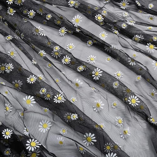 Vayliro 2m x 150cm Gänseblümchen Blumen Print Stoff Tüllstoff Weich Netzgewebe Meterware Tülldekoration Dekostoff für DIY Nähen Handwerk Haarschmuck Tutu Hochzeitskleid Heimdekoration,Schwarz
