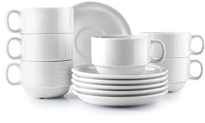 Lot de 6 tasses en céramique de 230 ml avec soucoupes de 15 cm. Design élégant et durable. Conçu pour : un usage quotidien et un service de café ou de thé.