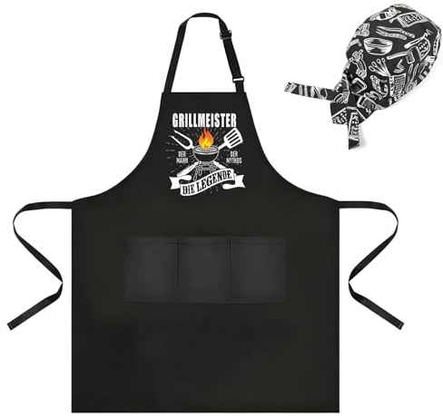 LIULINY Roligt med 3 fickor köksförkläde för män, justerbart grillförkläde för män, inklusive kockmössa och grillförkläde för kök, restaurang och bar