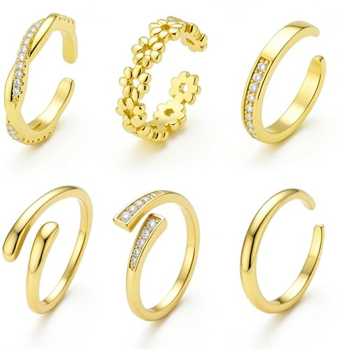 Wanmu 6 stycken 14 karat guld, fyllda tåringar för kvinnor, justerbara blomhjärta, öppna tåringar, blomma, enkel och diamant, tumringar, sommar, strand, fotdekoration för kvinnor, strandfest