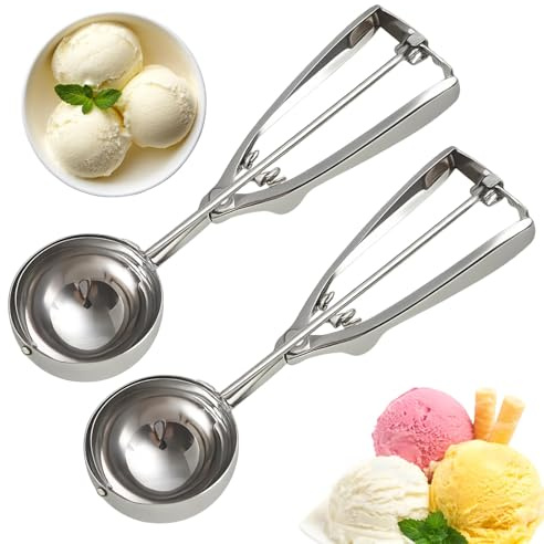 2PCS Ice Cream Scoop with Trigger, Cookie Scoop for Baking, Melon Baller and Potato Scoop, Stainless Steel Ice Cream Scoop Set, Two-Piece Kitchen Utensil Collection