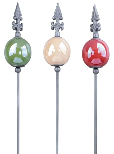 levandeo Set di 3 picchetti da giardino a forma di giglio, in metallo, 108 cm, in ceramica, rosso e verde, decorazione da giardino, stelo in metallo, punta di giglio