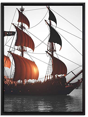 Pixxprint Gewaltiges Segelschiff schwarz, weiß Leinwandbild 80x60 cm im Bilderahmen, Wandbild, Schattenfugenrahmen, Kein Poster