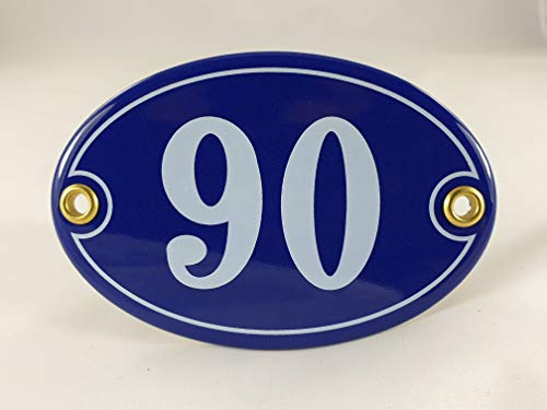 Emaille Hausnummer Schild Nr. 90, oval, Blau-Weiß mit Schrauben und Dübel Handarbeit