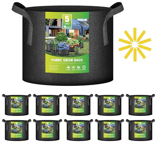 iPower 10-Pack 5-Gallon Grow Bags Nonwoven Fabric Pots Aeration Container with Strap Handles for Garden and Planting, 5 Gallon, Black