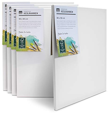 5er-Set 40x50cm Künstler-Leinwand Canvas zum Bemalen. Die leere, weiße Leinwand aus 100% Baumwolle ist umlaufend aufgespannt auf FSC® Holz-Keilrahmen mit 17mm Stärke, 280g/m², 2-fach weiß grundiert
