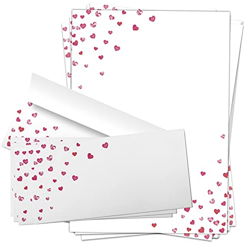 25 Briefpapiere und Briefumschläge SET | Herzen Liebesbrief | Papier und Umschlag mit Design-Motiv bedruckt | 90 g/m²