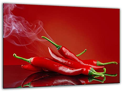 TMK ArtDeko – Herdabdeckung - Spritzschutz Glasplatte 1 Teilig 30x22 cm – Herdschutz aus Sicherheitsglas – Robust, Hygienisch & Rutschfest– Schutz für Induktion, Ceran, Gas & Elektro - Chilli Gewürze