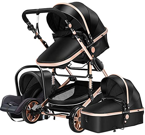 Modulära resesystem Barnvagn 3 i 1 bärbar resevagn fällbar babyvagnar aluminiumram hög liggande bil för nyfödd babyboomer poussette (Svart Guld)
