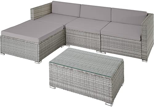 tectake Polyrattan Lounge inkl. Sitzkissen, Rückenkissen und Glastisch, Balkon Möbel, Lounge Gartenmöbel Set für die Terrasse, den Balkon oder den Garten - hellgrau/dunkelgrau