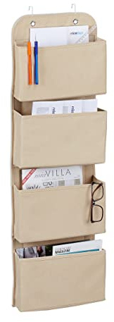 Relaxdays Hängeorganizer, 4 Fächer, Tür Organizer mit Haken zum Einhängen, Vlies Hängeaufbewahrung Bad & Büro, beige