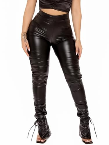 Zebaexf Sexy Black Women's Faux Leather Leggings, Pleather Stacked Pants Stretch High Waisted Pu Leather Pants Black M