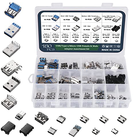 WiMas 180PCS USB 2.0 3.0 Type A Type C Micro USB Male Female Plug Adapter Connector, Soldering USB Sockets Jack Assortment Kit PCB Mounting DIY Solder Replacement Repair Parts